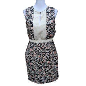 Simone D Geo-Print Dress Ivory Black Blouson Keyhole Neck Pockets Mini Short